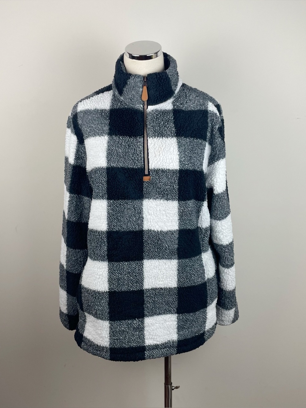 Heathmoor Black White Check Plaid Flannel Quarter Zip Faux Fur Pullover Women